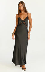 Christy Midi Dress - V Neck Lace Detail Slip Dress in Black