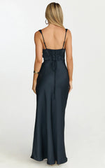 Rumi Midi Dress - Rushed Bodiest Satin Dress in Navy