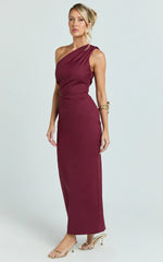 Karlie Midi Dress - One Shoulder Fitted Dress in Wine