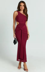 Mandy Midi Dress - Knot Detail Cut Out Mesh Dress in Wine