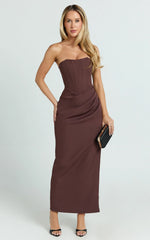 Avery Midi Dress - Strapless Draped Side Split Dress in Chocolate