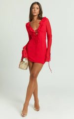 Alesya Mini Dress - Ruffle Plunge Neck Long Sleeve Tie Detail Dress in Red