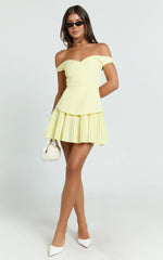 Izara Mini Dress - Off Shoulder Pleated Dress in Lemon