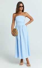 Polly Midi Dress - Strapless Ruched Dress in Blue