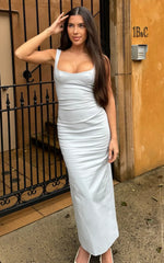 Benita Midi Dress - Scoop Neck Ruched Fitted Dress in Blue