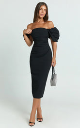Lohan Midi Dress - Off Shoulder Puff Sleeve in Black