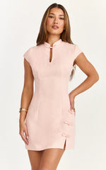 Jana Mini Dress - Mandarin Collar Leg Split Bodycon Dress in Pink