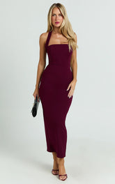 Salome Midi Dress - Halter Neck Column Dress in Wine