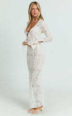 Paula Maxi Dress - Lace V Neck Long Sleeve Column Dress in White