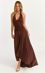Celeste Maxi Dress - Gathered Bodice Dropped Waist Halter Dress in Chocolate