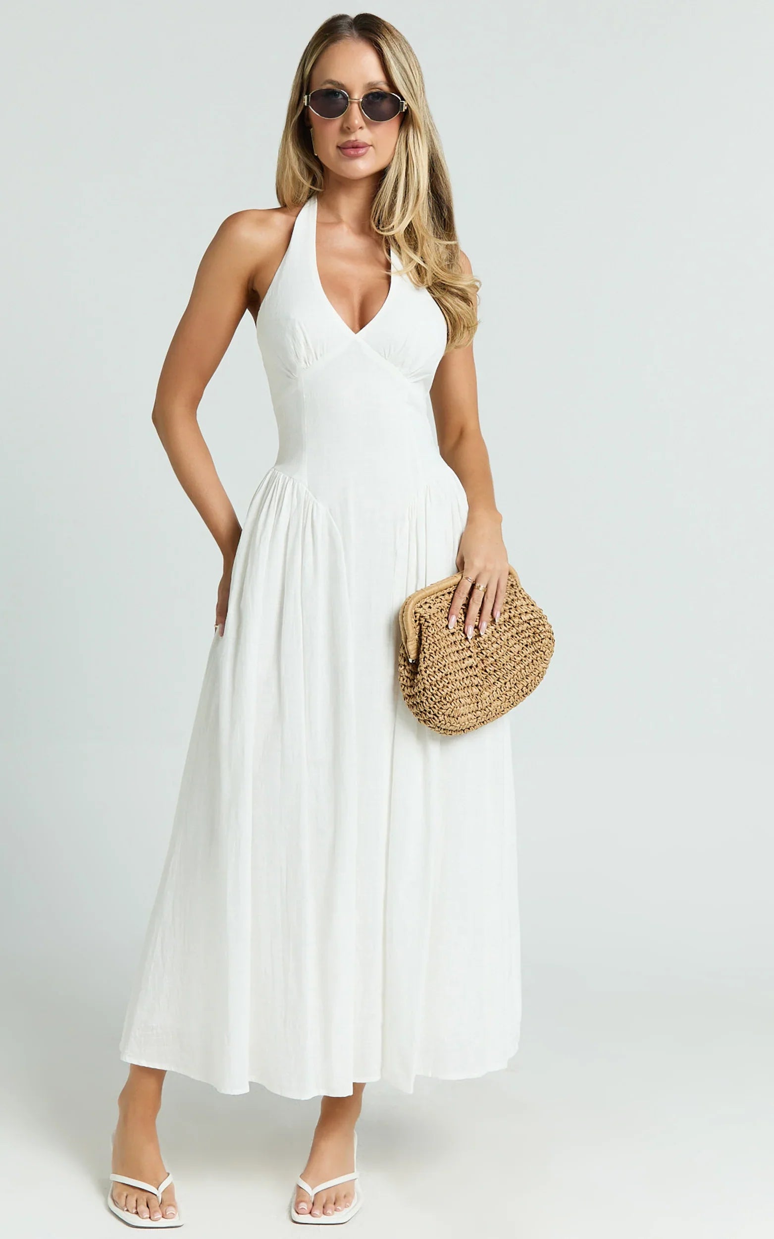 Athena Midi Dress - Halter Drop Waist Dress in White