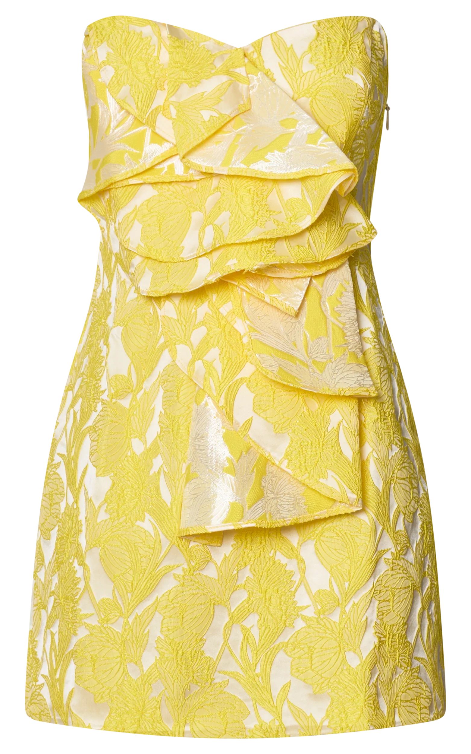 Amalie The Label - Frederika Strapless Ruffle Detail Jacquard Mini Dress in Yellow