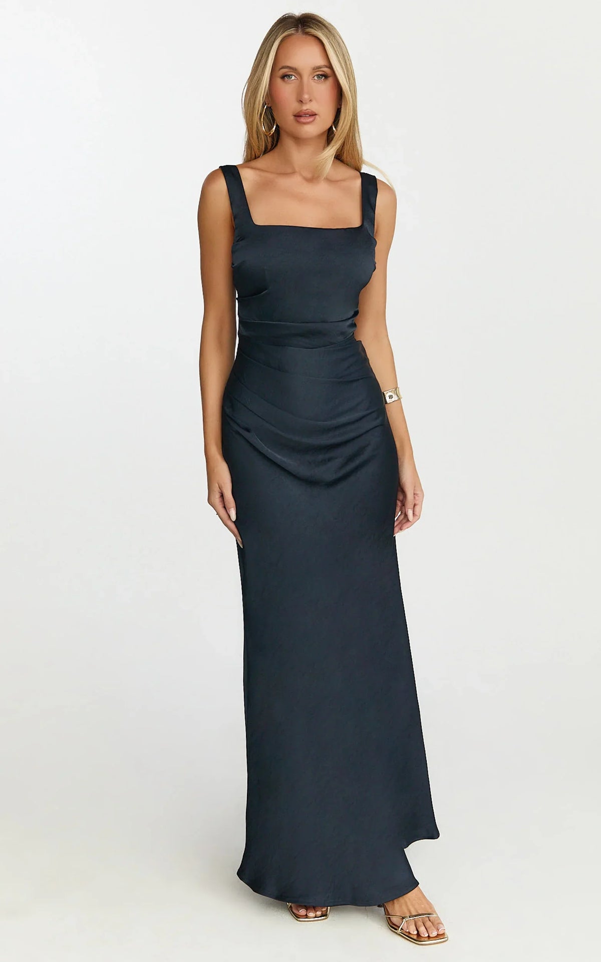 Rumi Midi Dress - Rushed Bodiest Satin Dress in Navy
