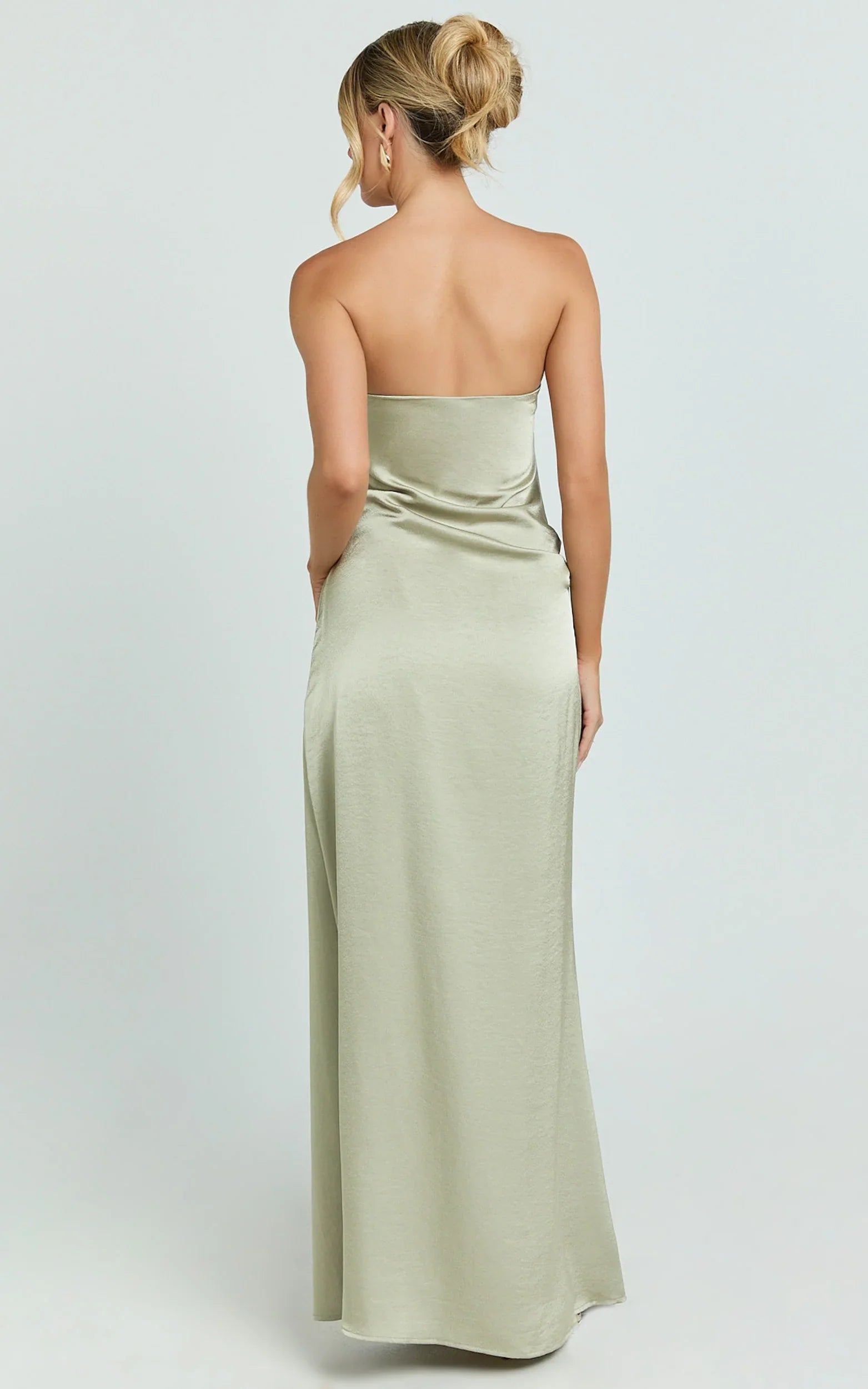 Laurie Maxi Dress - Strapless Draped Satin Dress in Light Olive