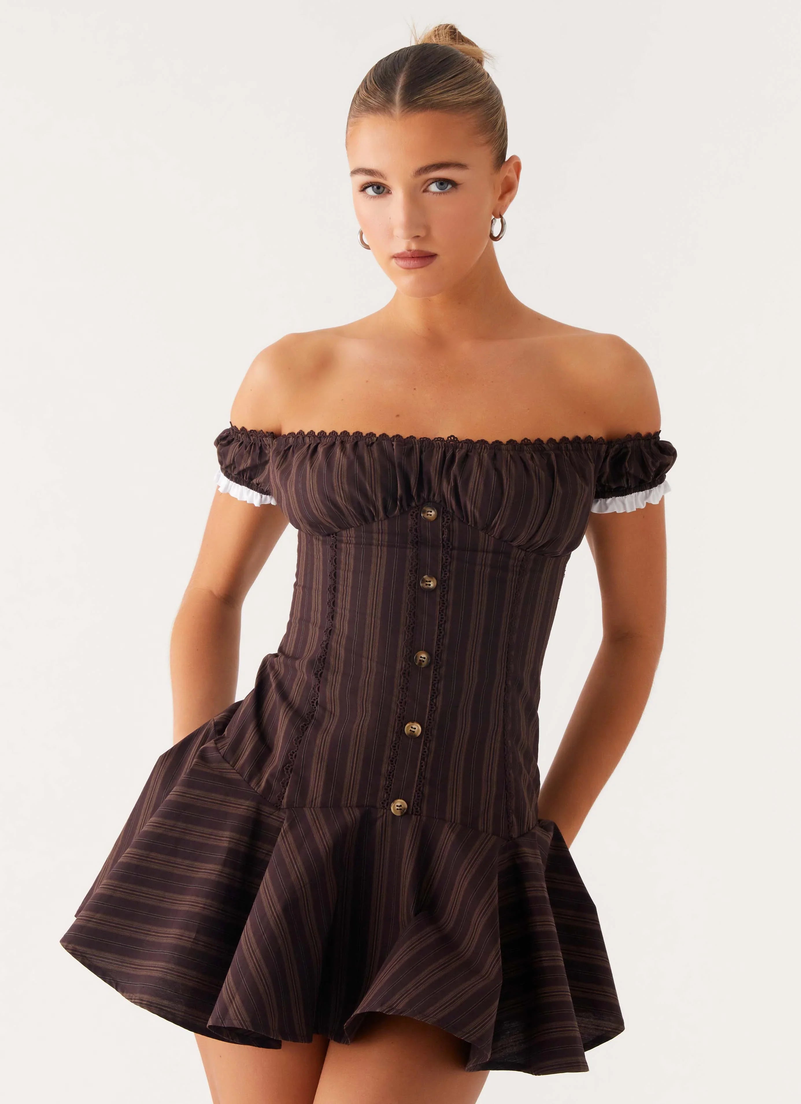 Jumana Off Shoulder Mini Dress - Toffee Stripe
