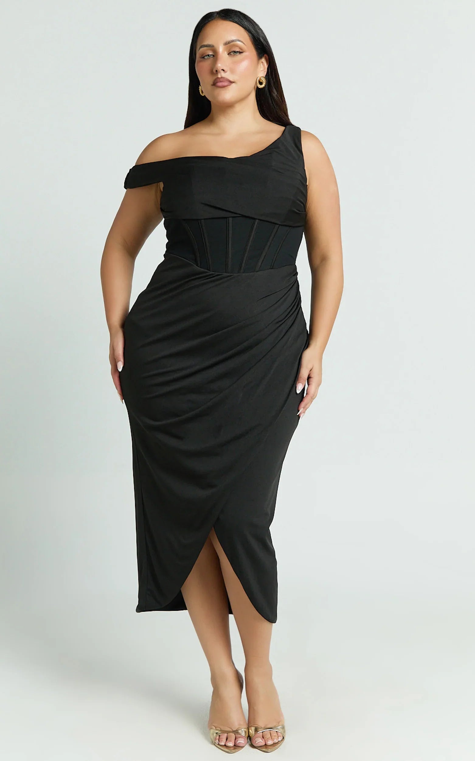 Aidia Midi Dress - Off Shoulder Draped Corset Dress in Black