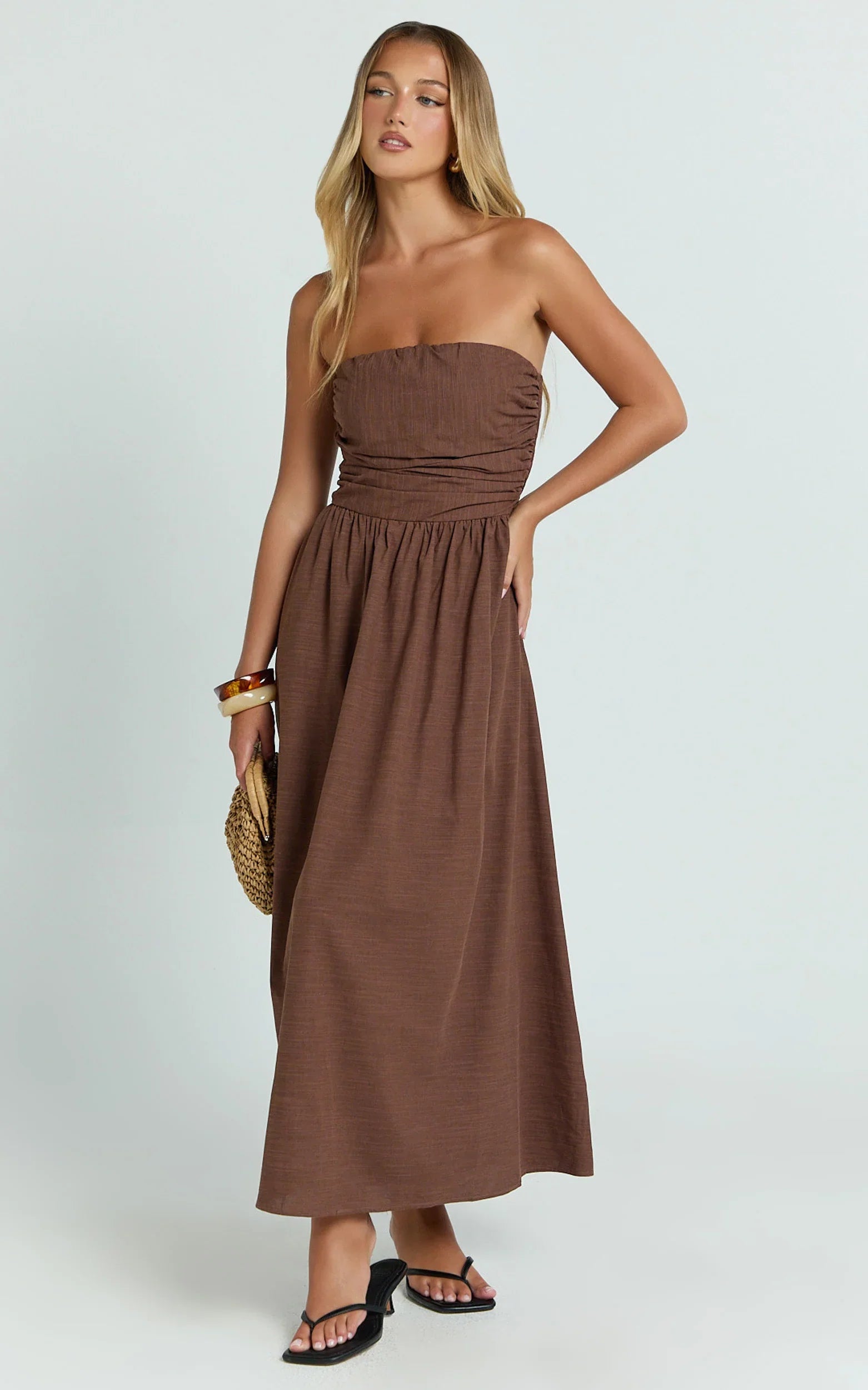 Polly Midi Dress - Strapless Ruched Dress in Chocolate