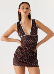 Options Mini Dress - Chocolate Blue Dot