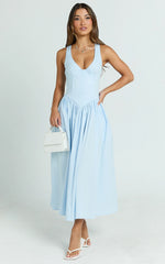 Beckett Midi Dress - Scoop Neck Drop V Waist Gathered Skirt Dress in Blue