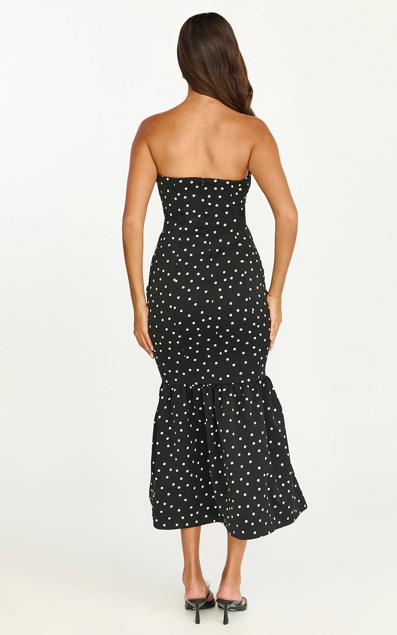 Seraphina Midi Dress - Polka Dot Strapless Lace Neck Gathered Mermaid Skirt Dress in Black Polka Dot