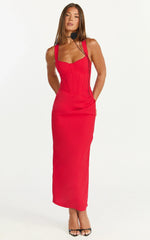 Lila Midi Dress - V Neck Corset Top Bodycon Dress in Red
