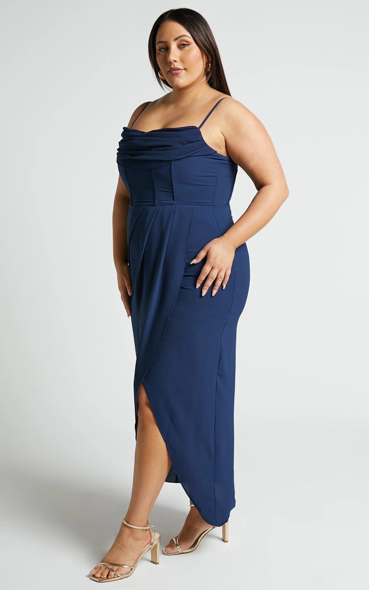 Andrina Midi Dress - High Low Wrap Corset Dress in Navy