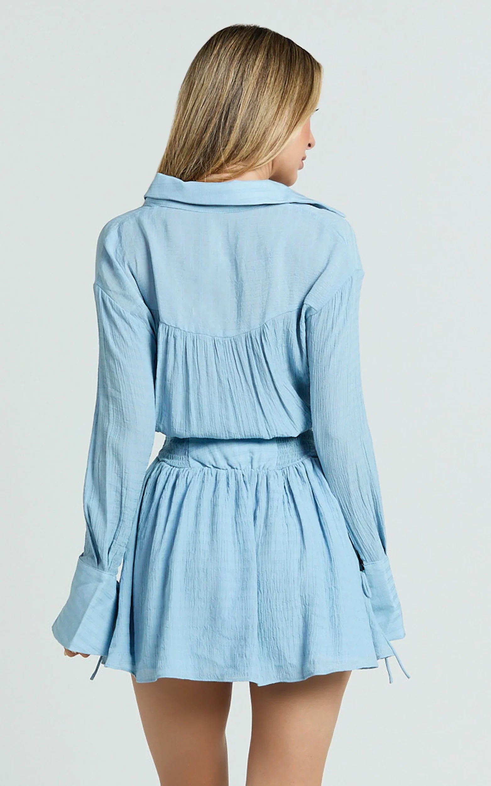 Valerie Mini Dress - Collared Long Sleeve Waist Shirt Dress in Pale Blue