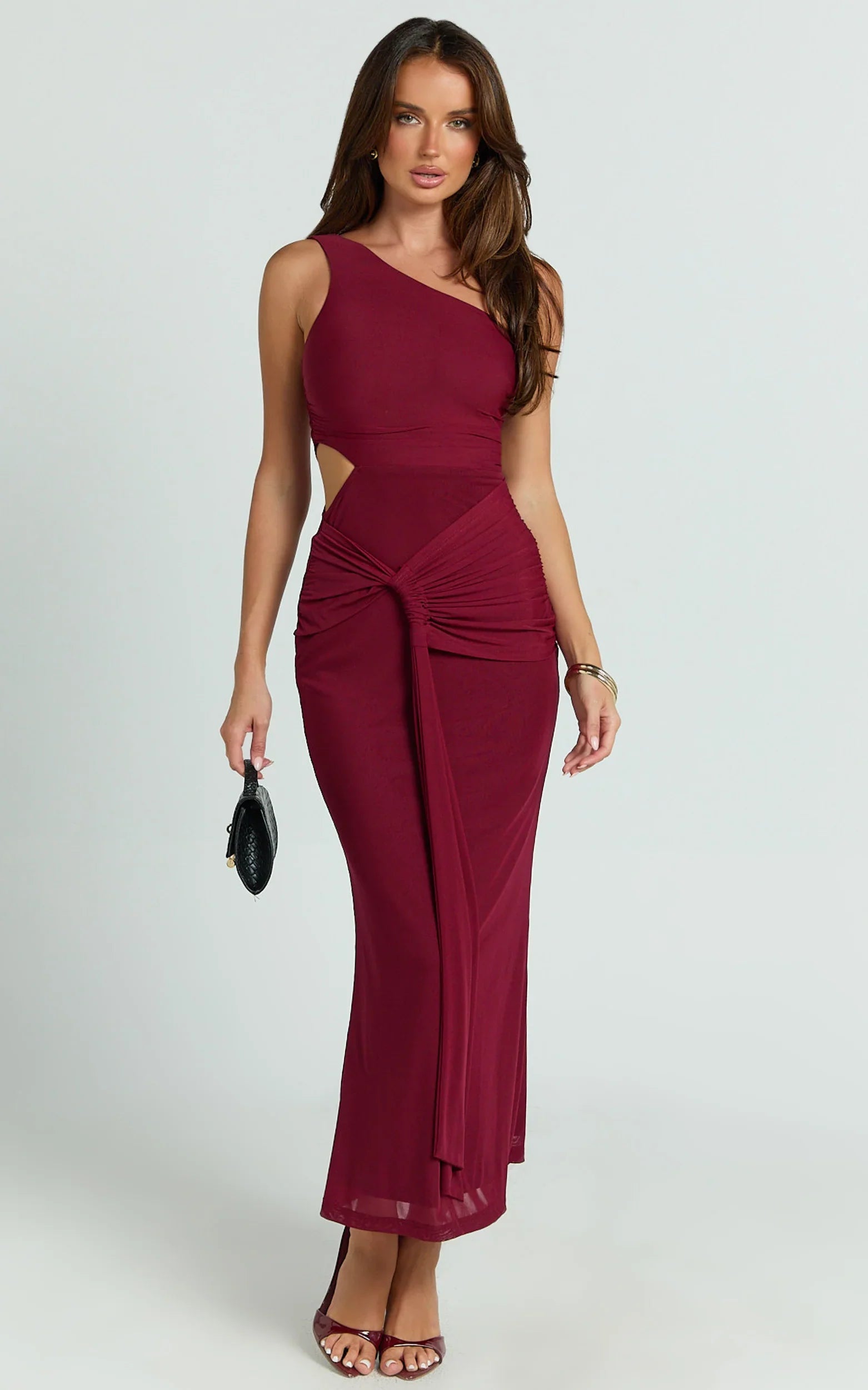 Mandy Midi Dress - Knot Detail Cut Out Mesh Dress in Wine