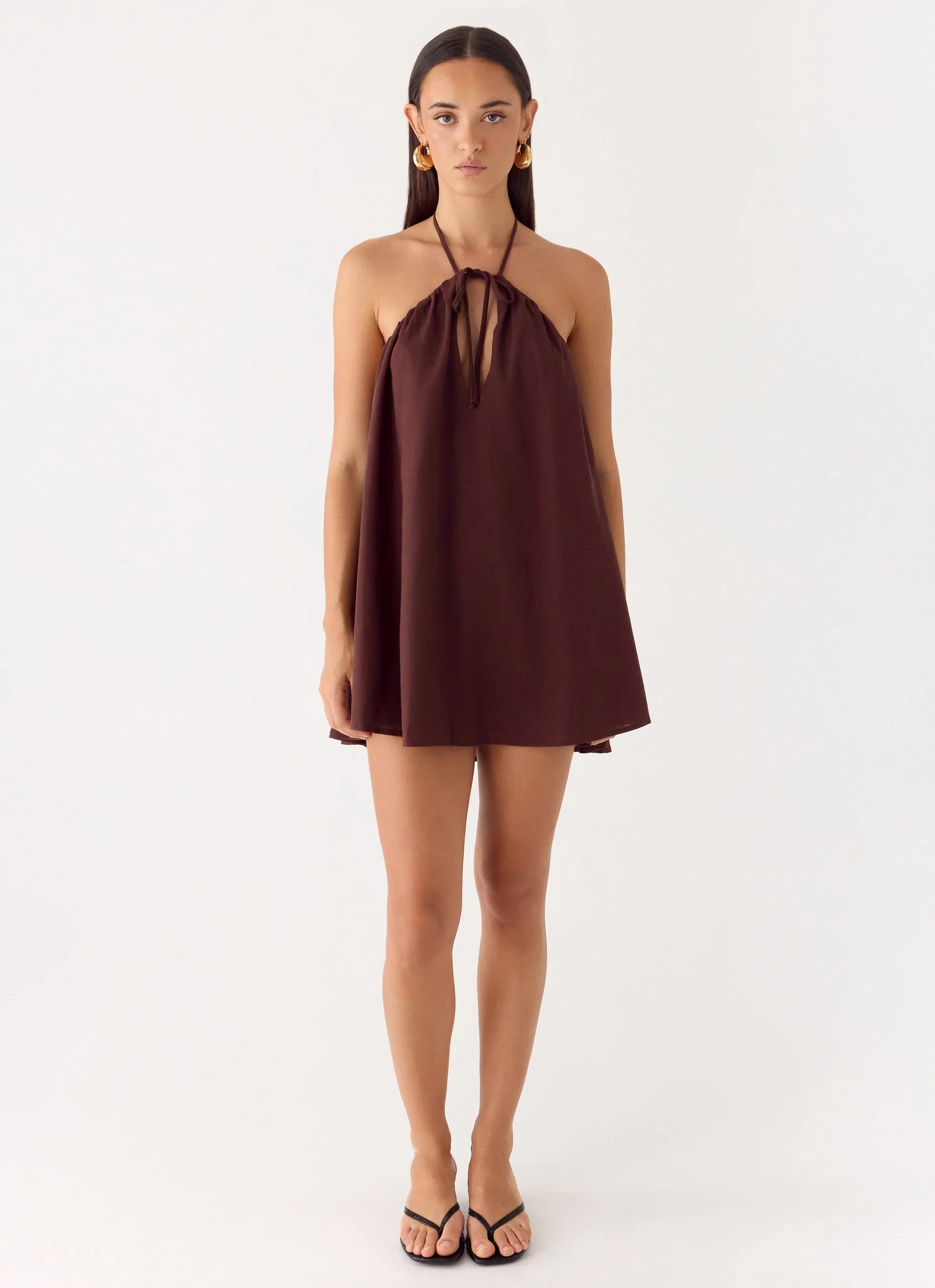 Soft Breeze Linen Mini Dress - Chocolate