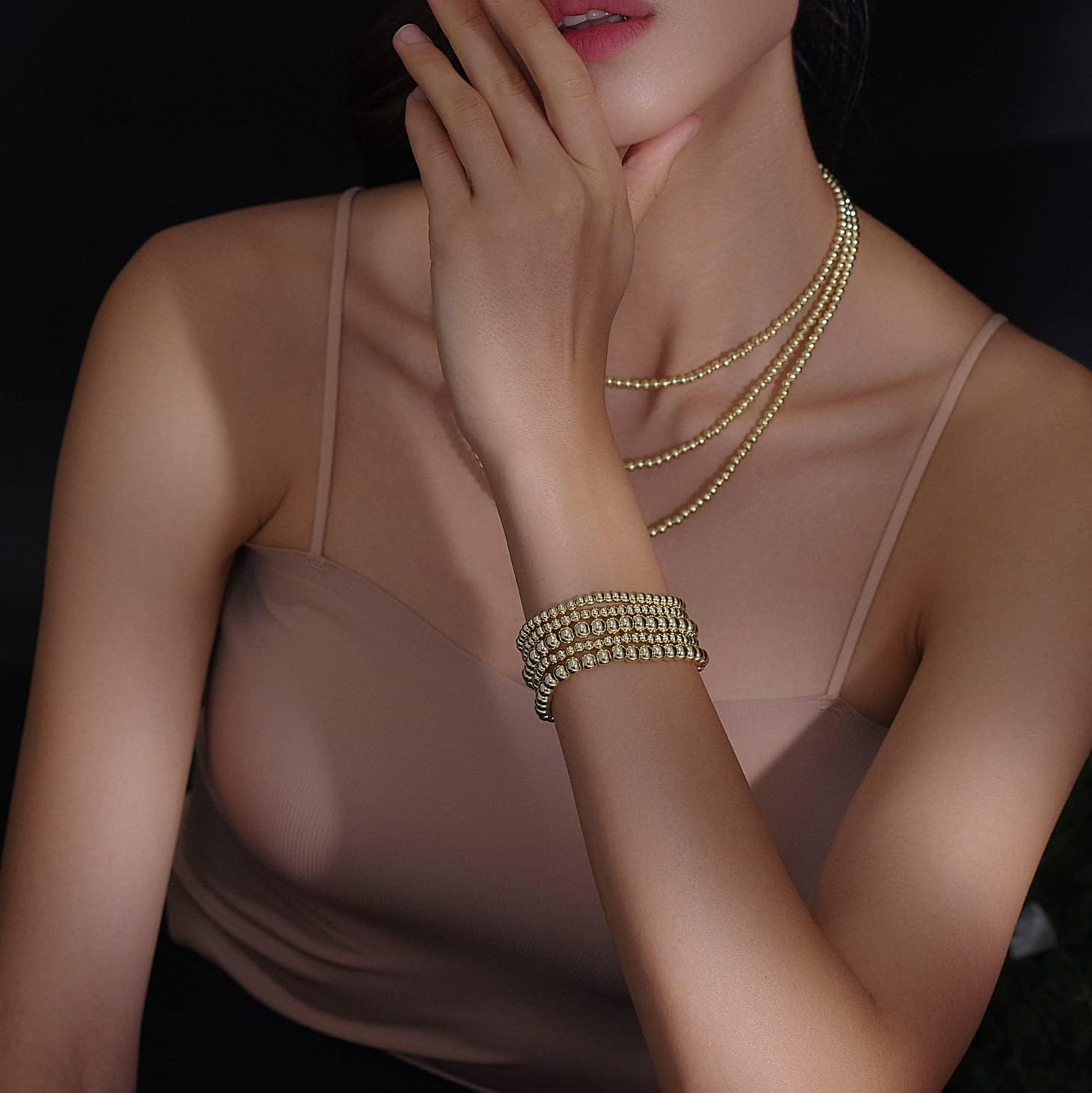 Badu Gold Plate Bead Bracelet for Women 14K Gold Plated Bead Ball Bracelet Stretchable Elastic Hypoallergenic Bohemian Stackable