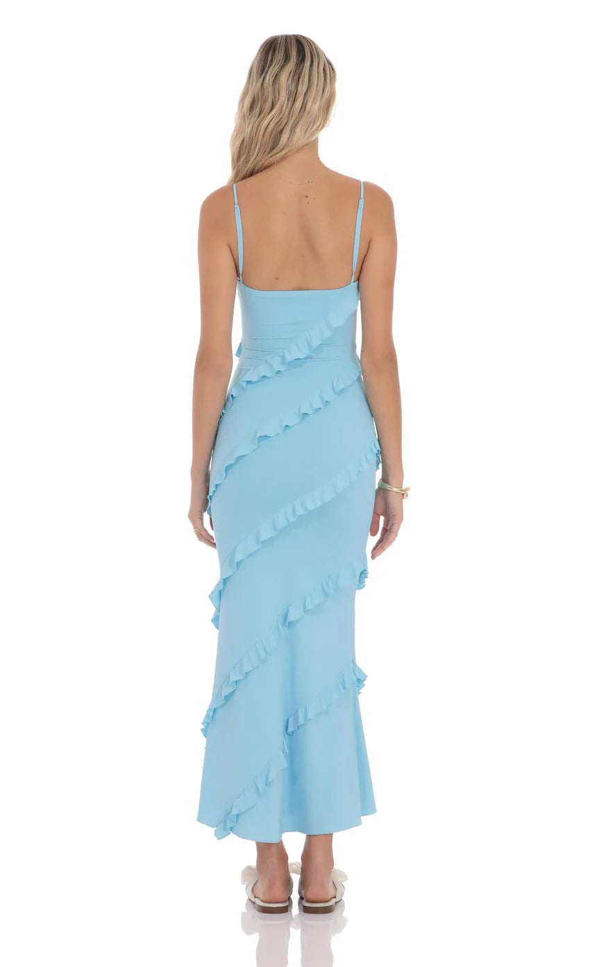 Ruffle V-Neck Maxi Dress in Navy