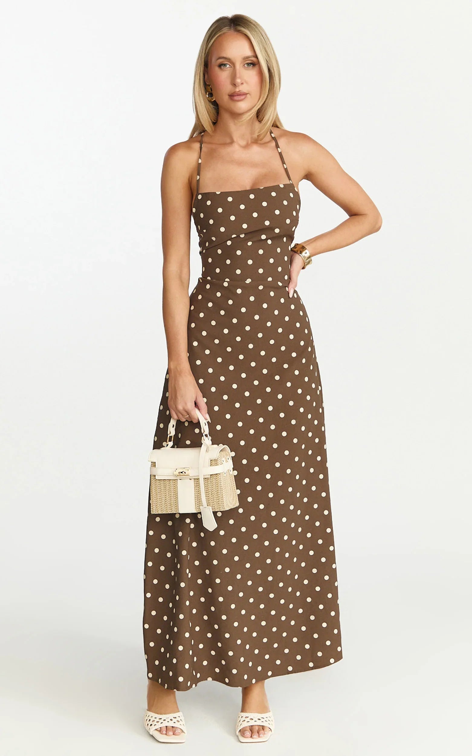 Leighton Maxi Dress - Cross Over Spaghetti Straps Square Neck A Line Dress in Choc/Cream Polka Dot