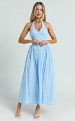 Athena Midi Dress - Halter Drop Waist Dress in Blue