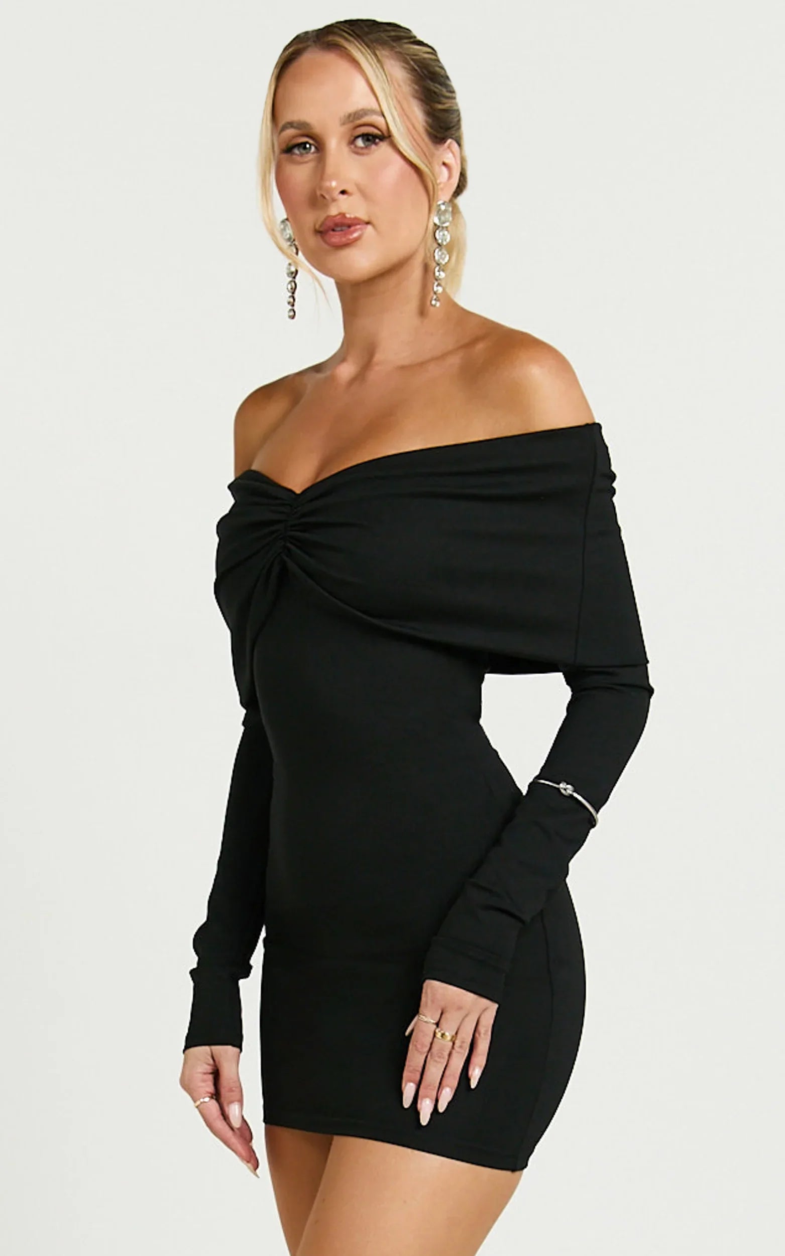 Rani Mini Dress - Off Shoulder Long Sleeve Bodycon Dress in Black