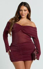 Rumi Mini Dress - Glitter Tulle Off Shoulder Ruched Dress in Wine