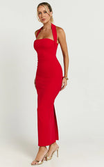 Salome Midi Dress - Halter Neck Column Dress in Red