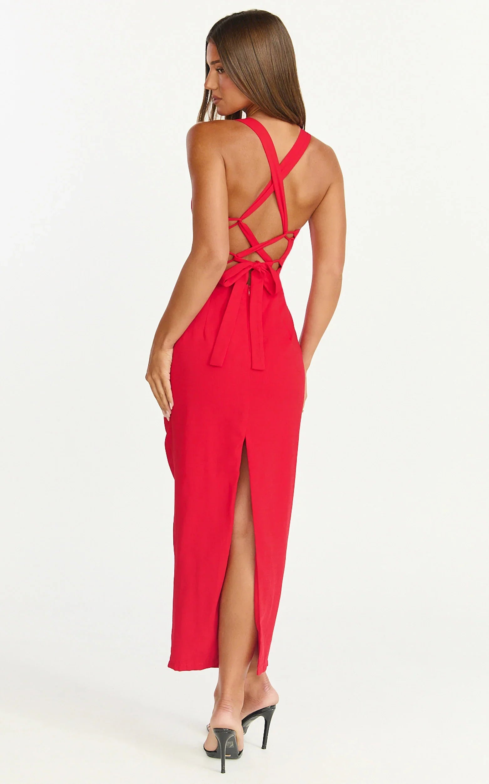 Lila Midi Dress - V Neck Corset Top Bodycon Dress in Red