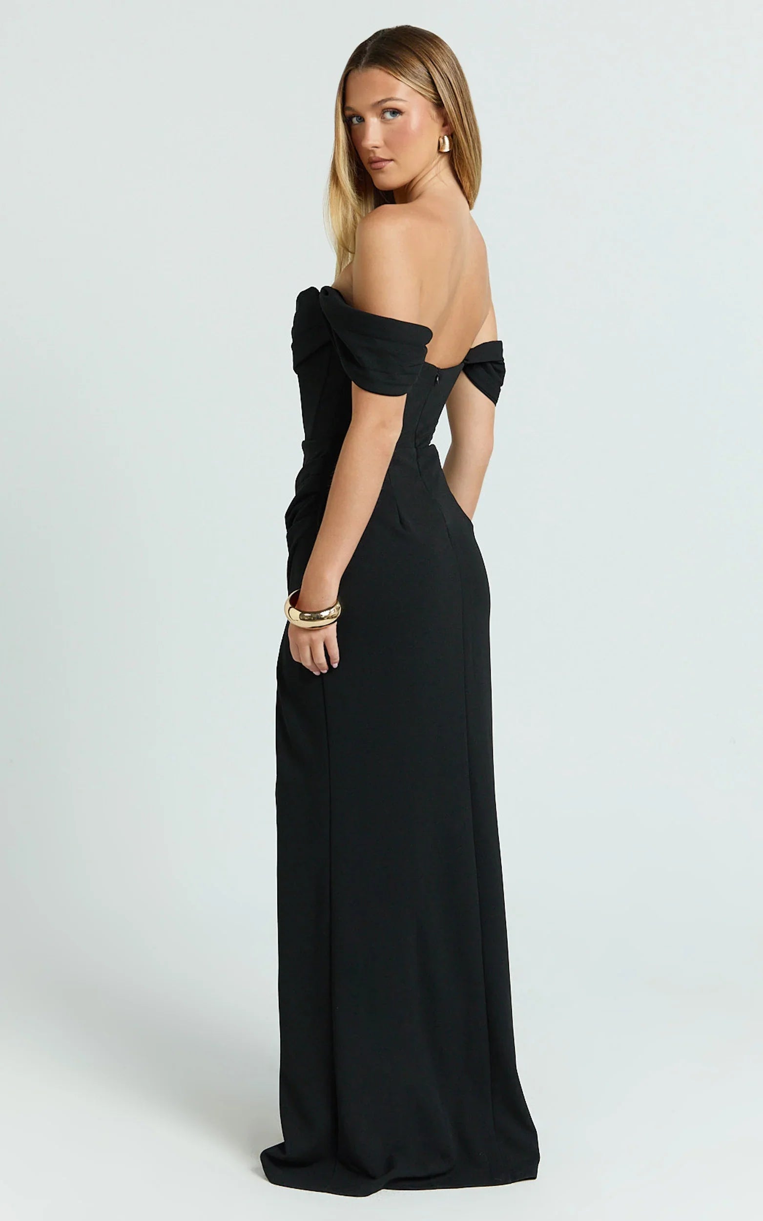 Marcel Maxi Dress - Off Shoulder Corset High Split Dress in Black