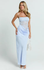 Rania Maxi Dress - Contrast Lace Bodice Bias Cowl Drop Waist Dress in Soft Blue