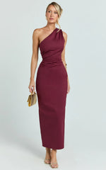 Karlie Midi Dress - One Shoulder Fitted Dress in Wine