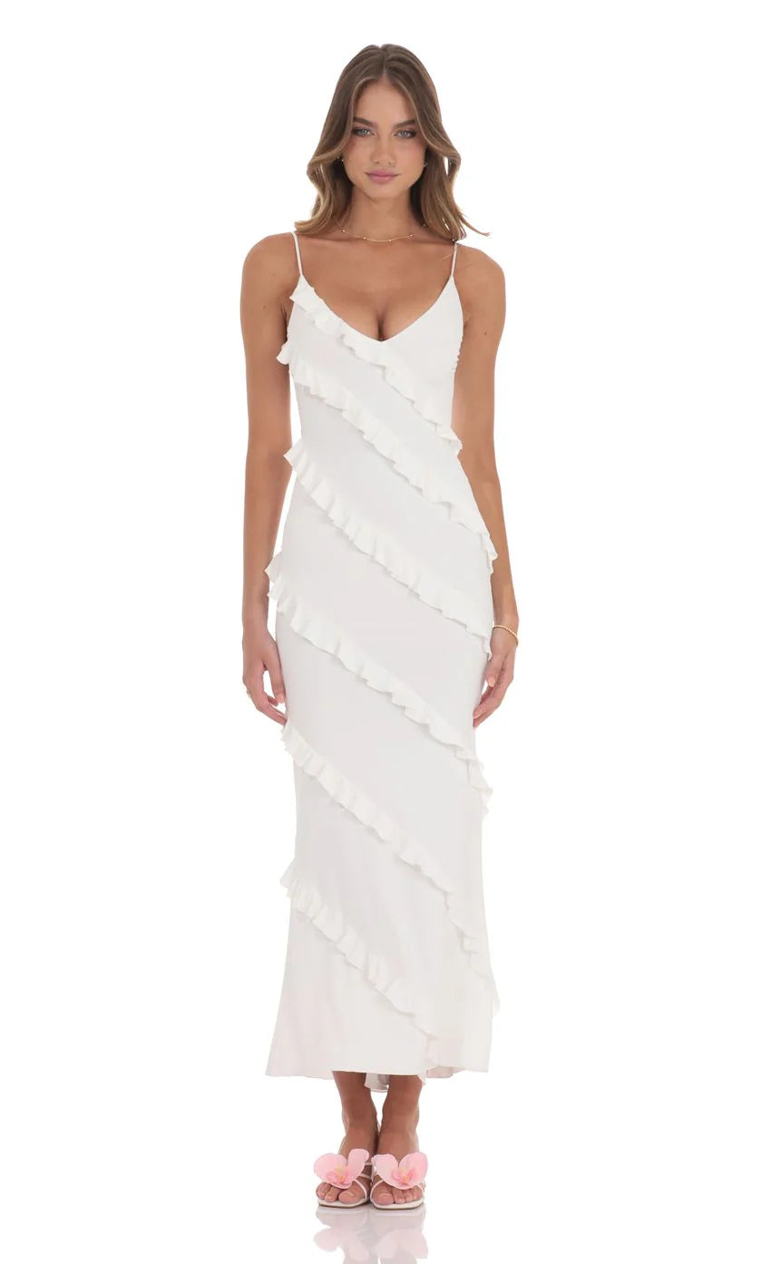 Ruffle V-Neck Maxi Dress in Navy