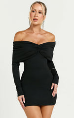 Rani Mini Dress - Off Shoulder Long Sleeve Bodycon Dress in Black