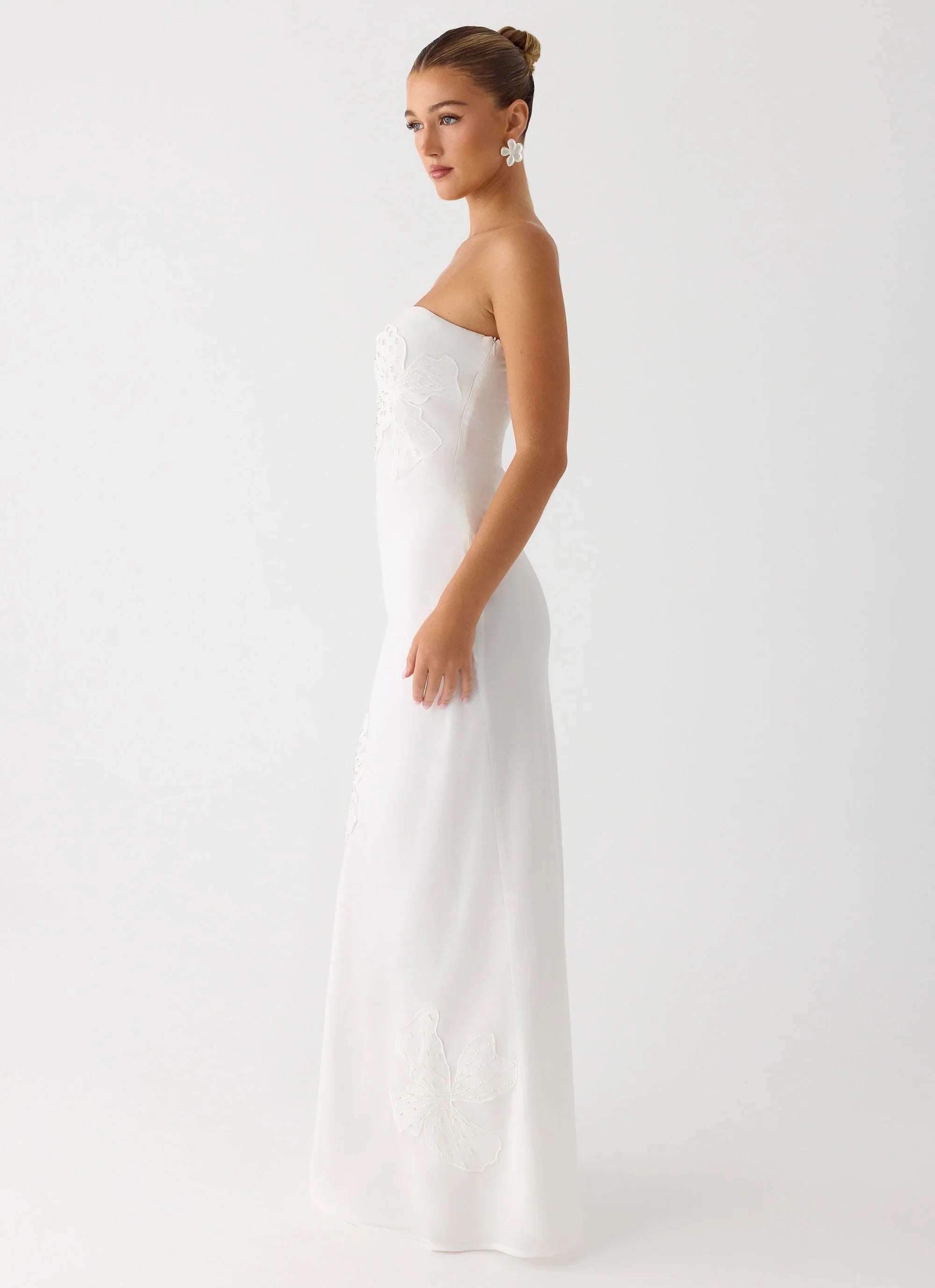 Sassafras Beaded Flower Strapless Maxi Dress - White