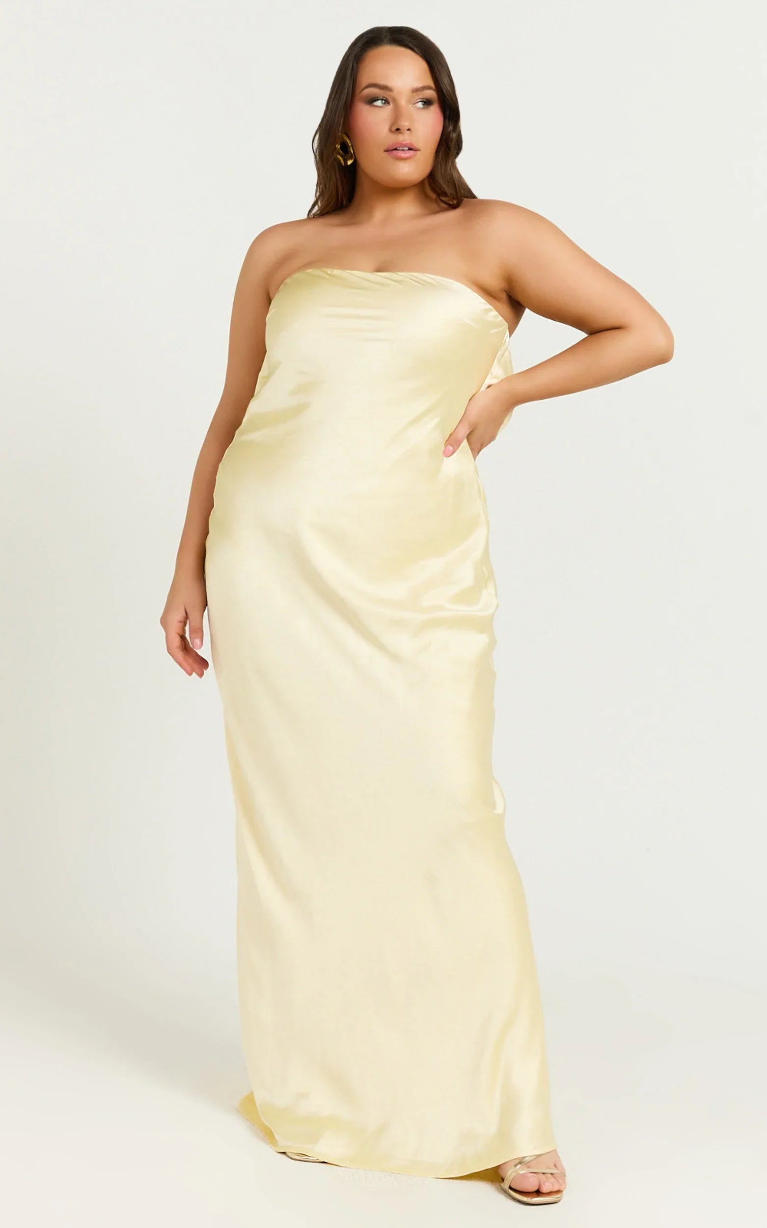Charlita Maxi Dress - Strapless Cowl Back Satin Dress in Butter Yellow