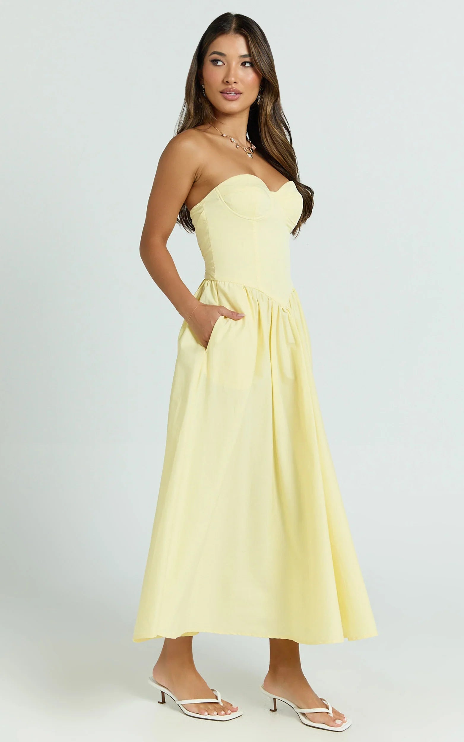 Daria Midi Dress - Strapless Corset Gathered Dress in Lemon