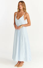 Estelle Maxi Dress - V Neck Pleated Dress in Blue