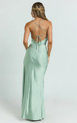Hanna Maxi Dress - Satin Cowl Neck Low Back Dress in Sage