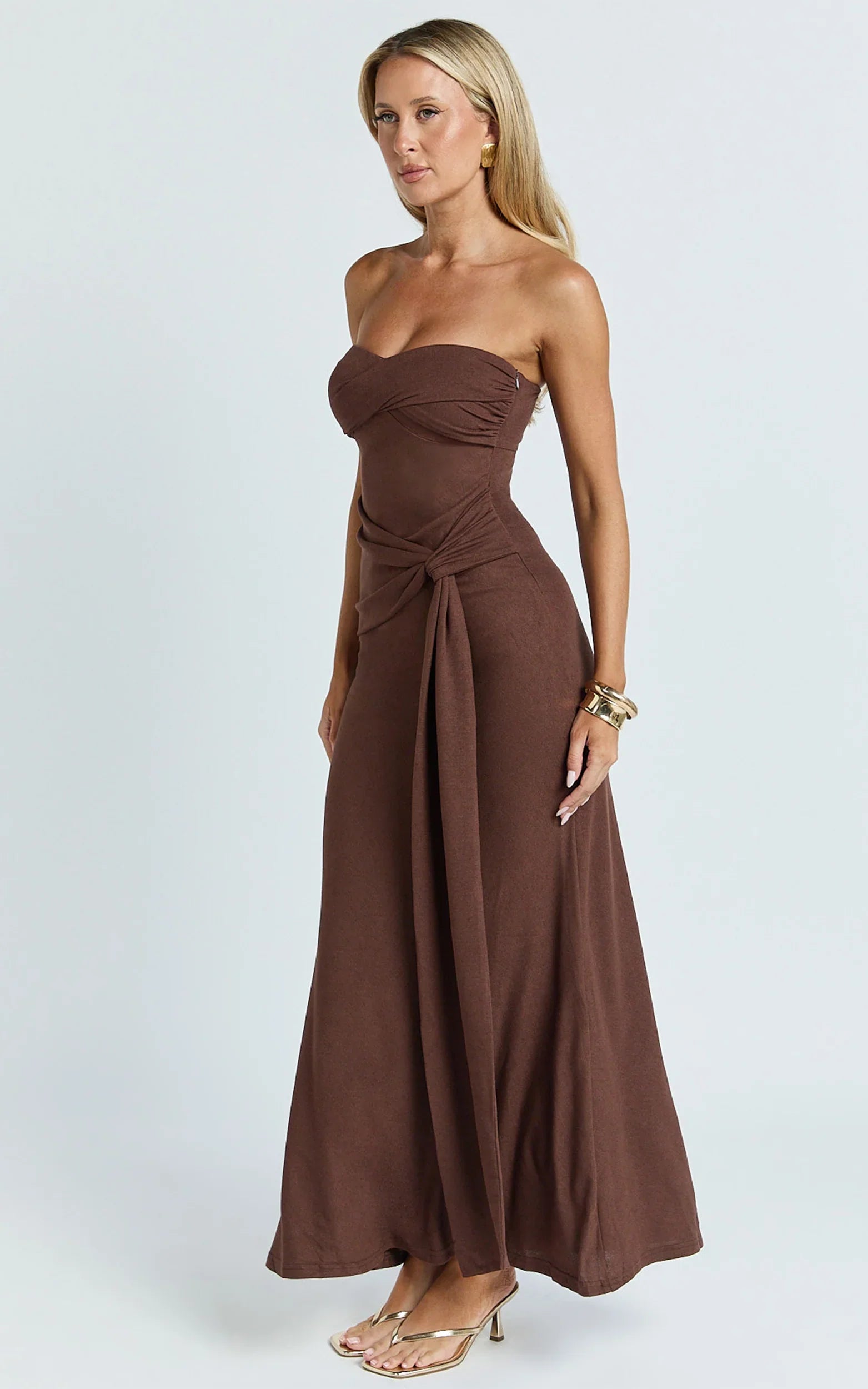 Aria Maxi Dress - Strapless Tie Waist Dress in Chocolate
