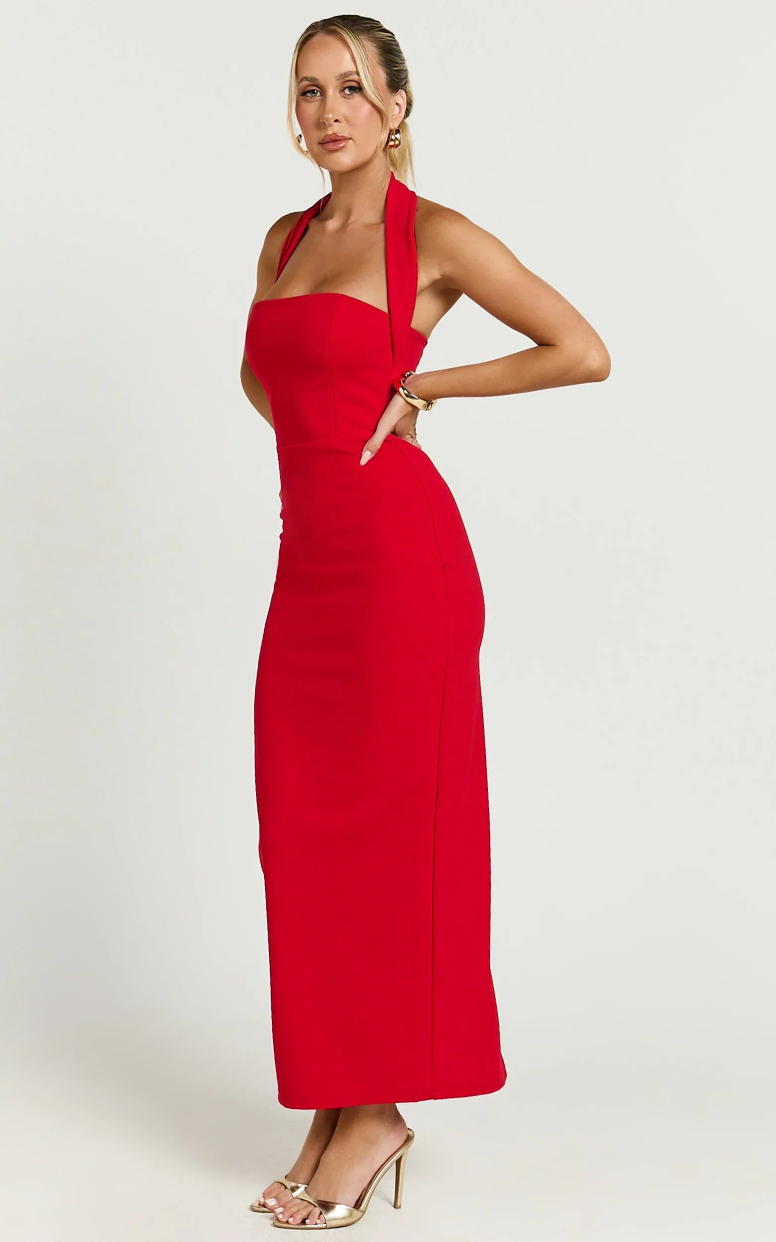 Salome Midi Dress - Halter Neck Column Dress in Red