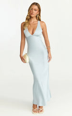 Khalani Midi Dress - Deep V Neck Satin Slip Dress in Pale Blue